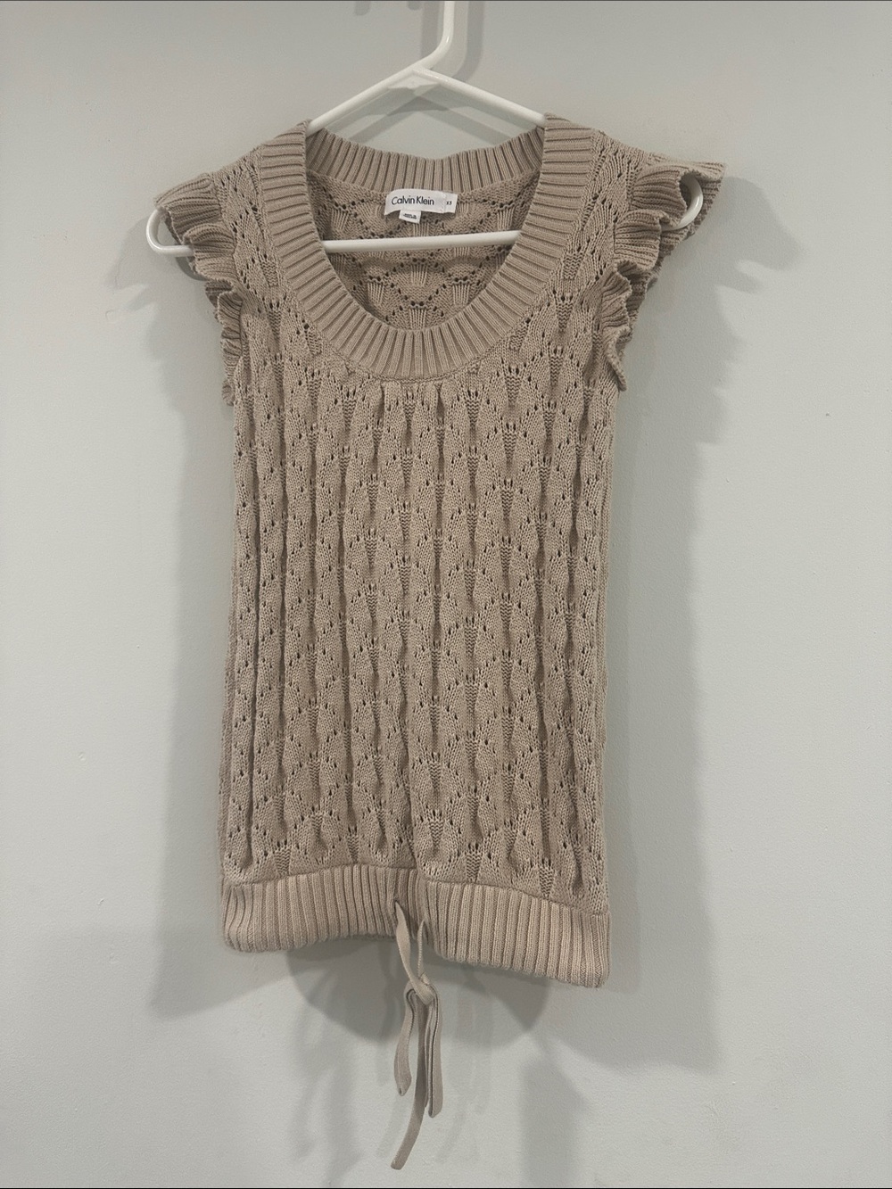 Calvin Klein Taupe Knit Scoop-Neck Ruffle Sleeve top